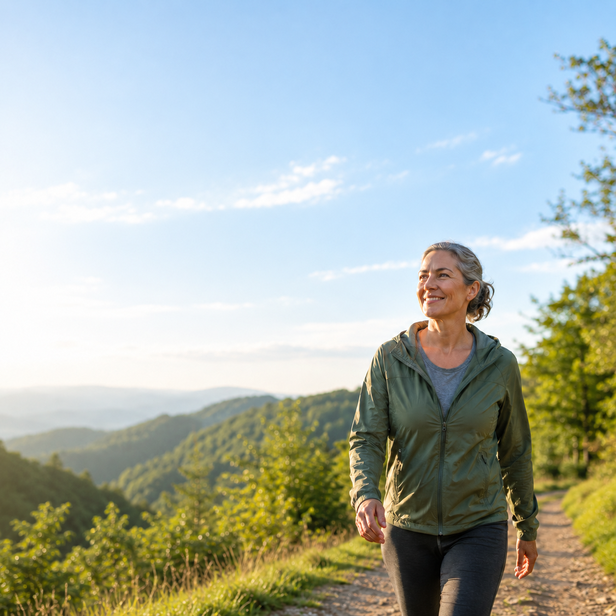 Woman enjoying a walk on a sunlit trail
